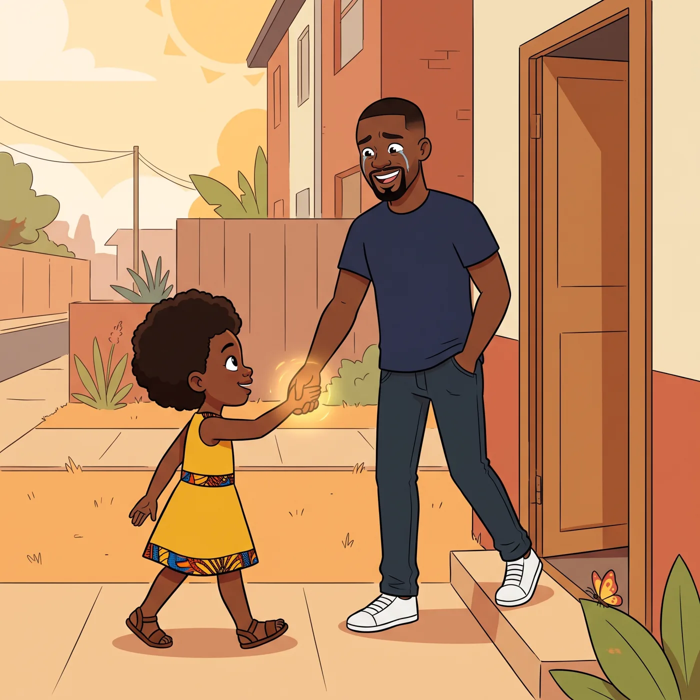 A child proudly leading their dad by the hand — this time, the little one is in front