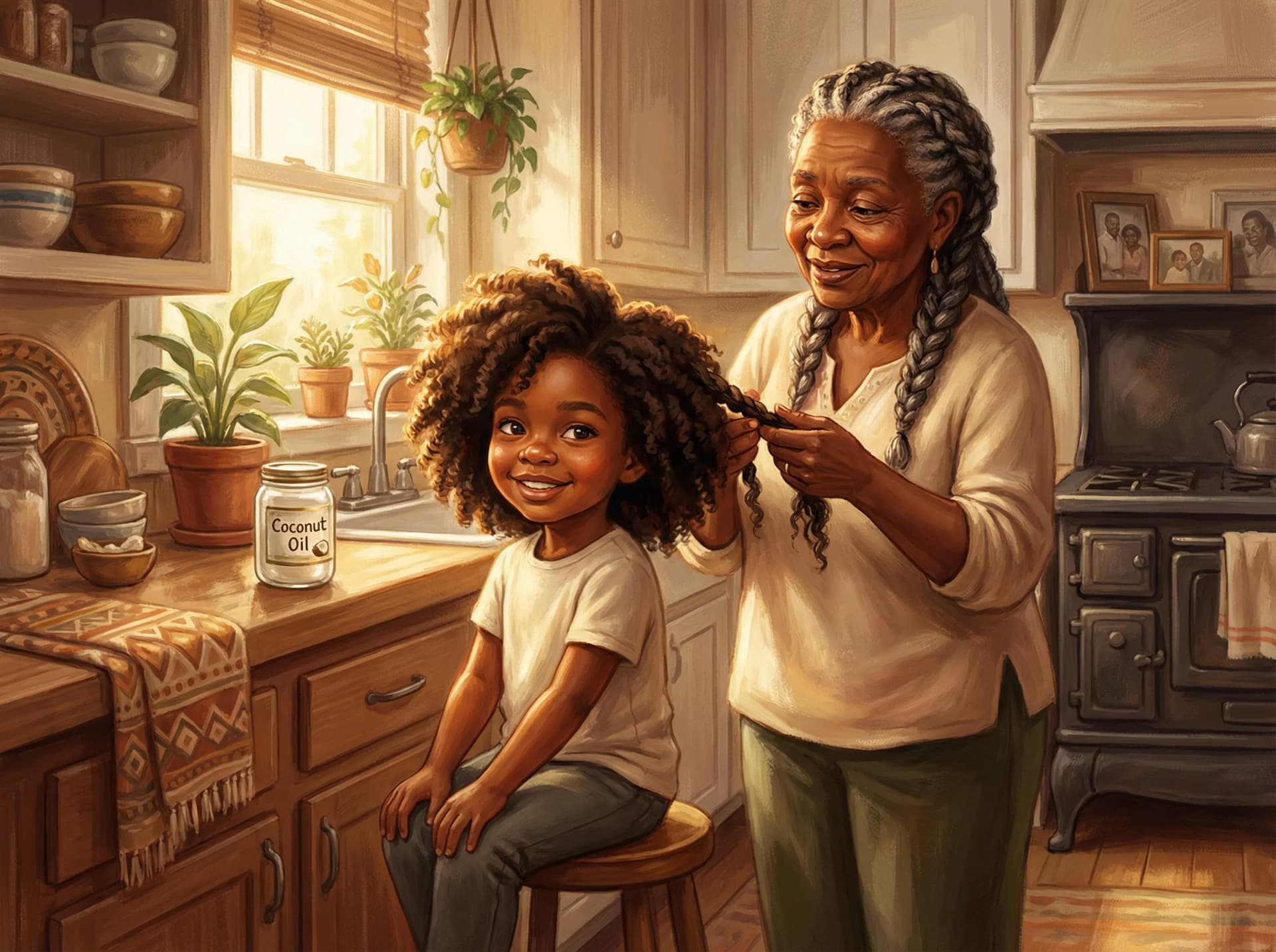 Illustration of a child getting their hair braided by Grandma